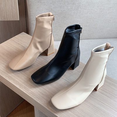 2021秋冬新款淨色方頭粗跟彈力靴Boots